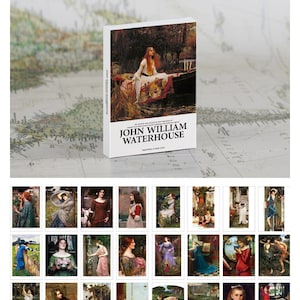 May include: A set of 30 postcards featuring paintings by John William Waterhouse. The postcards are 4 inches by 5.6 inches and come in a colored paper box. The front of the box features a painting of a woman in a boat.