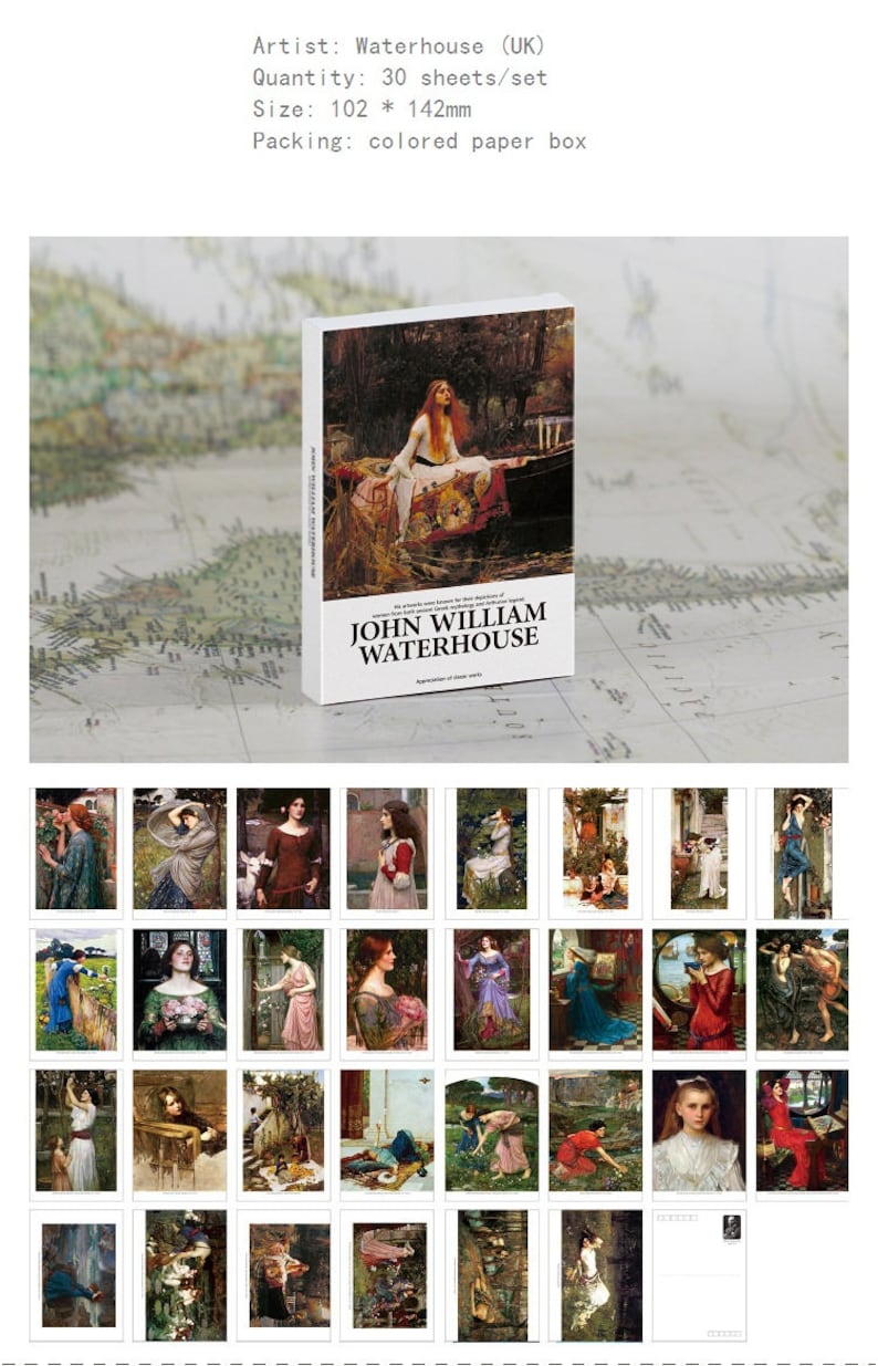 May include: A set of 30 postcards featuring paintings by John William Waterhouse. The postcards are 4 inches by 5.6 inches and come in a colored paper box. The front of the box features a painting of a woman in a boat.