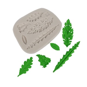 May include: Silicone mold with eight different leaf shapes, including oak leaves and fern-like leaves. The mold is white and the leaves are green.