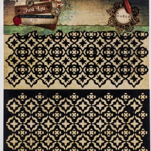 May include: Two black stencils with a geometric pattern. The stencils are on a brown background with a vintage design. The text "Just Lou Exploration Collection" and "Masks" are visible on the top of the image.