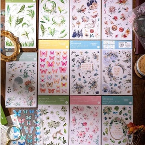 Décalcomanies à frictionner Stickers fleurs, papillons, oiseaux, feuilles de fourrure