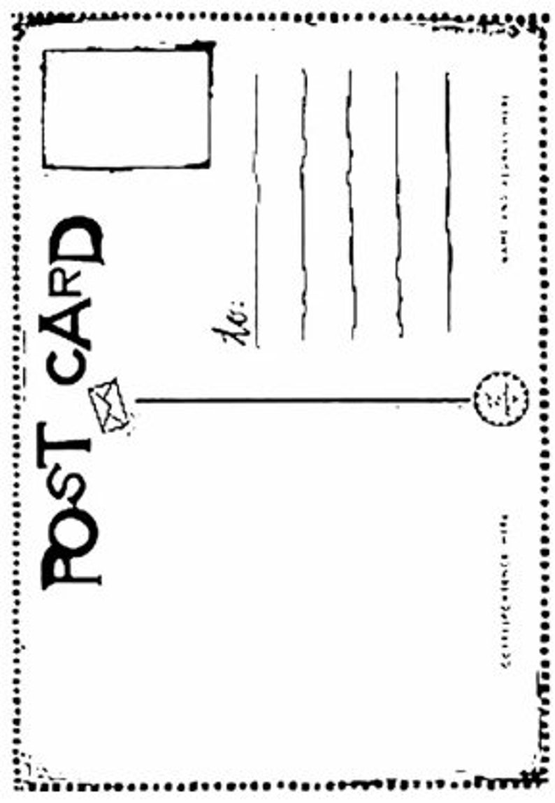 May include: A blank vintage postcard with a dotted border and the word "POST CARD" printed vertically on the left side. There is a small envelope icon above the word "CARD".
