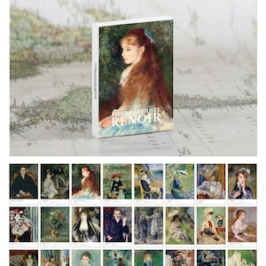 May include: A set of 30 postcards featuring paintings by Pierre Auguste Renoir. The postcards are 102 mm by 142 mm and come in a colored paper box.