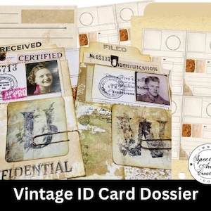 Cartão de Identificação Vintage Dossier Cartões de identificação Junk Journal Ephemera. Cortes de papel digital para junk journals. Clipes de ephemeras para scrapbooks