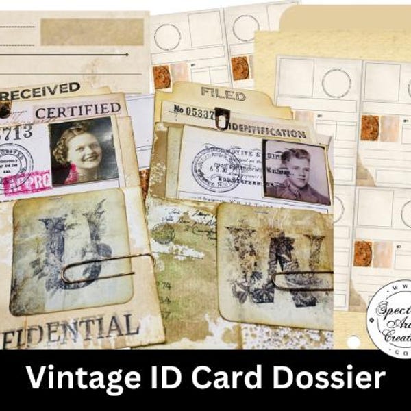 Vintage Identification Card Dossier ID cards Junk Journal Ephemera. Digital paper fussy cuts for junk journals. Ephemera clipart scrapbooks