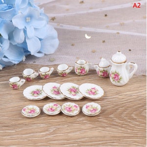 15Pcs Dollhouse Miniature Dining Ware Tea Set Dish Cup Plate