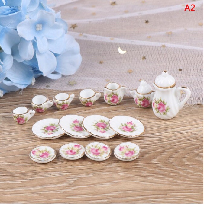 Tea Pastry Set Polymer Clay & Ceramic Glaze Miniature Dolls House Accessory  1:12 Scale approx 