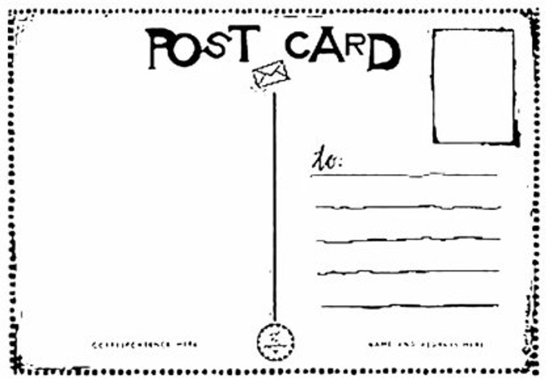 May include: A blank vintage postcard with a black and white design. The postcard has a space for a message, an address, and a stamp. The text "POST CARD" is printed at the top of the postcard.