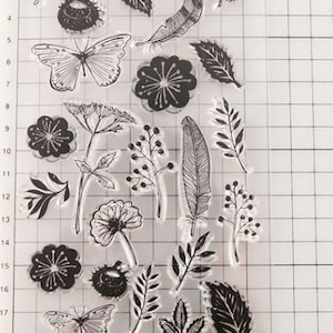 Clear Stamp flores silvestres borboletas penas folhas CAS219