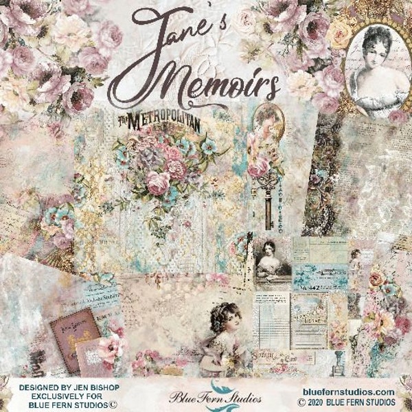 DISCONTINUED** 12x12 Jane's Memoirs Paper Collection - Jane's Memoirs Paper - Vintage Paper - Blue Fern Paper - Blue Fern Studios