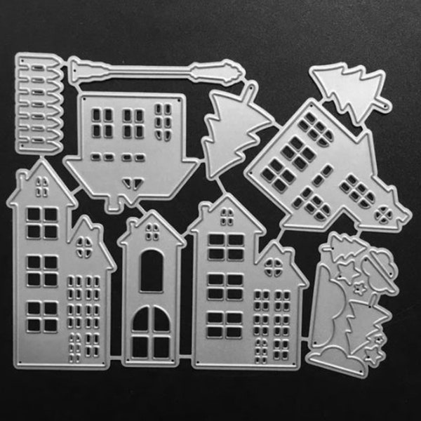 Houses street scene Christmas town buildings trees lamp posts cutting die set MD808