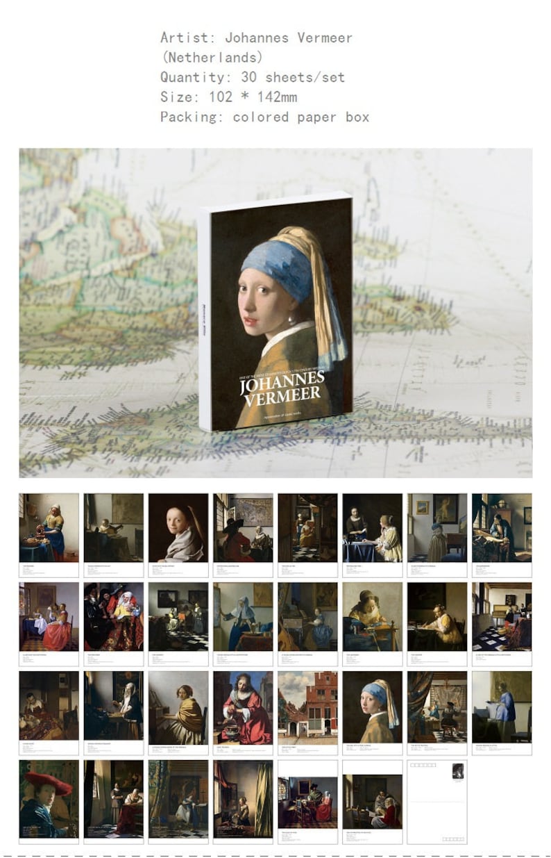 May include: A set of 30 postcards featuring the artwork of Johannes Vermeer. The postcards are 102mm by 142mm and come in a colored paper box. The front of the box features a reproduction of Vermeer's famous painting, "Girl with a Pearl Earring."