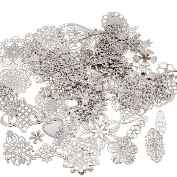 Metal Filigree 30 silver piece random mix Item M236.