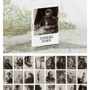 May include: A set of 30 black and white postcards featuring drawings by Anders Zorn. The postcards are 4 inches by 5.6 inches and come in a colored paper box. The box features a portrait of Anders Zorn.