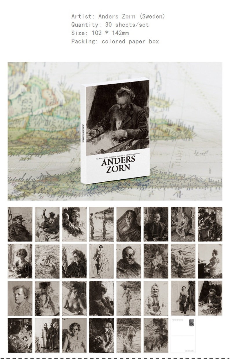 May include: A set of 30 black and white postcards featuring drawings by Anders Zorn. The postcards are 4 inches by 5.6 inches and come in a colored paper box. The box features a portrait of Anders Zorn.
