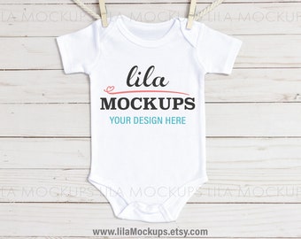 baby bodysuit Mockup PHOTO - baby bodysuit mockup / baby bodysuit MOCKUP flatlay PHOTO / blank White baby Mock-up Stock Photo