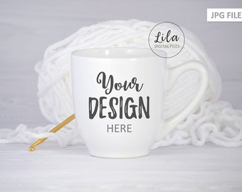 Download Free JPG STOCK PHOTO, yarn craft coffee cup mockup photo,coffee mug blank mockup photo,crochet yarn craft theme white cup mockup template PSD Template