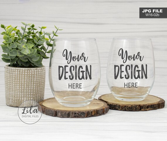 Two 2 Stemless Wine Glasses Mockup Photo Staged