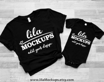 LAGERFOTO - JPG / Mamma och jag t-shirt mockup foto / mamma och bebis svart t-shirt mockup / familj t-shirt mockup / digital nedladdning / flatlay