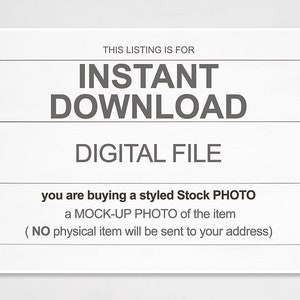 Puede incluir: Texto sobre un fondo blanco que dice "THIS LISTING IS FOR INSTANT DOWNLOAD DIGITAL FILE you are buying a styled Stock PHOTO a MOCK-UP PHOTO of the item (NO physical item will be sent to your address)"