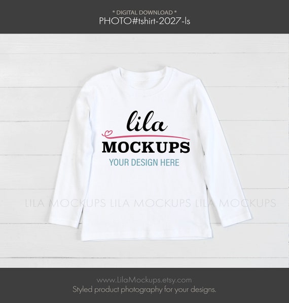 white Long Sleeve kids tShirt MOCKUP Photo / long sleeve shirt mockup / blank white kid toddler shirt Mock-up photo on white wood background