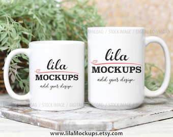 PHOTO - JPG file / two white coffee mugs mockup photo / two coffee mugs ( 11 oz and 15 oz  mug ) mock up image / digital download
