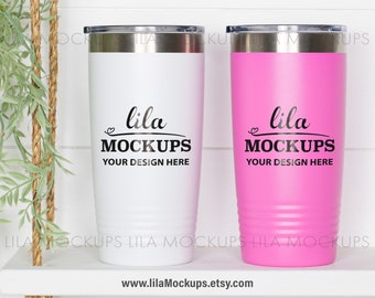 STOCK PHOTO - two 20 oz Tumblers Mockup photo / white and Pink / SureGrip tumbler mock up stock photo - JPG file
