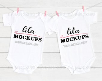 twin girls baby bodysuit Mockup PHOTO - two white bodysuits mockup photo / twins baby bodysuit Mock-up Photo / two hanging baby bodysuits