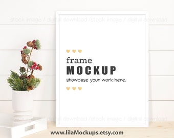 Christmas Frame Mockup - PNG & JPG file / 4:5 frame ratio - 8x10 or 16x20 / thin white vertical frame mock up, stock photo, digital download