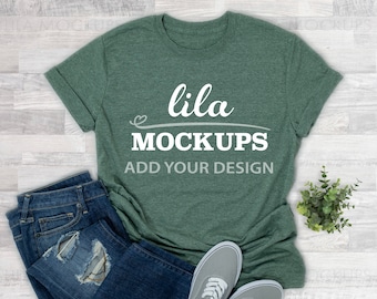 Gildan 640 Heather Forest Green tshirt Mockup PHOTO / Green t-Shirt mock-up photo / Gildan Softstyle Heather forest green Mockup photo