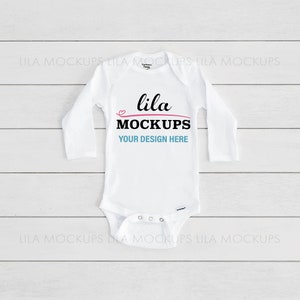 Long sleeve Baby Onesie ® MOCKUP PHOTO / Gerber © onesie ® stock photo mockup / long sleeve baby bodysuit mock-up / white Bodysuit Mock-up