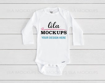 Long sleeve Baby Onesie ® MOCKUP PHOTO / Gerber © onesie ® stock photo mockup / long sleeve baby bodysuit mock-up / white Bodysuit Mock-up