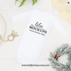 STOCK PHOTO - long sleeve baby gown Mockup image / white baby gown mock up / flatlay photo / digital download JPG file