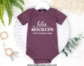 STOCK PHOTO - baby bodysuit Mockup photo / Heather Maroon Bella Canvas 100B baby bodysuit mock up image / JPG digital download