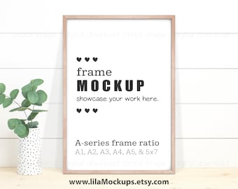 Vertical Wood Frame Mockup image - PNG & JPG file,International A sizes ( A1, A2, A3, A4, ...5x7) Image of Thin Natural Wood Frame