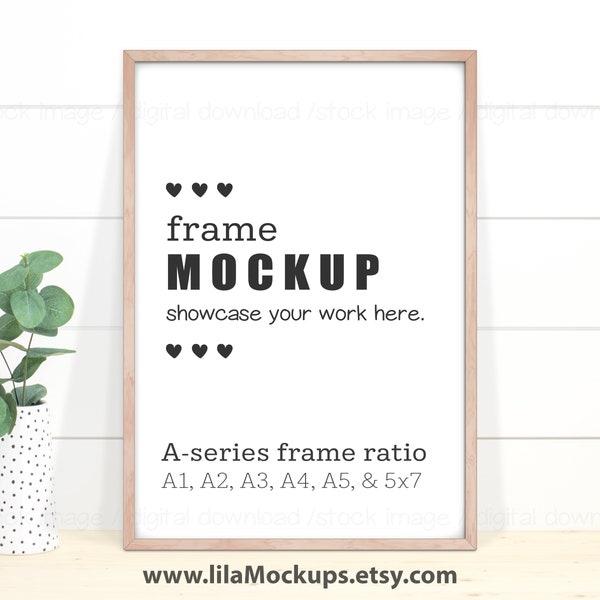 Vertical Wood Frame Mockup image - PNG & JPG file,International A sizes ( A1, A2, A3, A4, ...5x7) Image of Thin Natural Wood Frame
