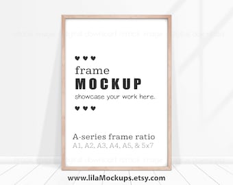 Vertical Wood Frame Mockup image - PNG & JPG file, ISO A-series ( A1, A2, A3, A4, ...5x7) Image of Thin Natural Wood Frame on the floor