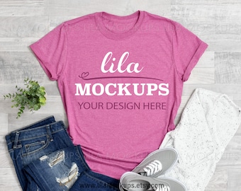 Gildan 640 Heather Berry tshirt Mockup PHOTO / pink t-Shirt mock-up photo / Gildan Softstyle Heather Berry Mock up photo