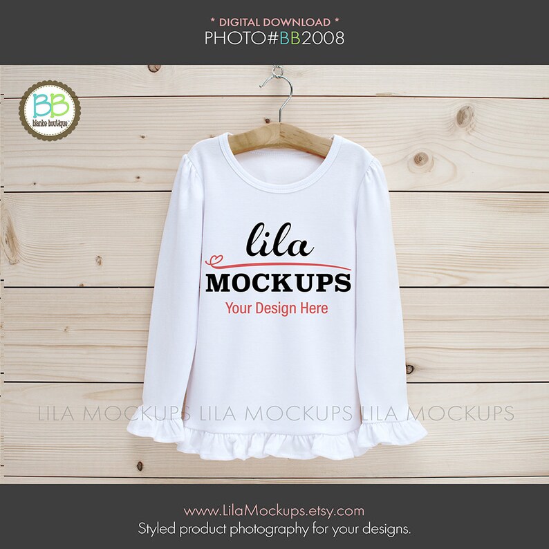 Download Mock-Up PHOTO of white Blank Girl's Long Sleeve Ruffle Tee | Etsy