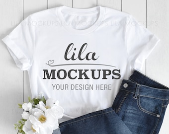 White tshirt Mockup photo / simple white t-Shirt mock up photo / tshirt flatlay Stock Photo / white Bella Canvas 3001 tshirt mockup
