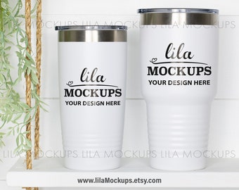 20 oz, 30 oz White Teal Tumbler Mockup Photo / two white tumblers mock up photo / white polar camel SureGrip tumbler mock-up / stock photo