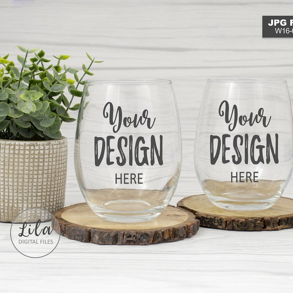 Two (2) Stemless Wine Glasses MOCKUP PHOTO / staged photo of a wine glass x 2 /wine glass mock-up photo / JPG File / Stock Photo