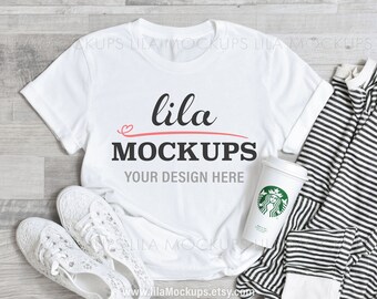 White tshirt Mockup photo / simple white t-Shirt mock up photo / tshirt flatlay Stock Photo / white Bella Canvas 3001 mockup / flatlay