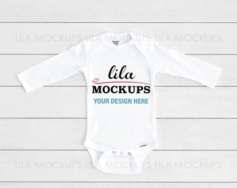 Long sleeve Gerber baby Onesie ® MOCKUP PHOTO / Gerber © onesie ® stock photo / long sleeve baby bodysuit mock-up / white Bodysuit Mock-up