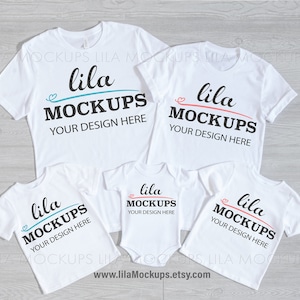 Family T-shirts mockup / 5 white tshirt Mockup Photo, / Mock-up photo of family t-shirts / sibling family t-shirts mockup