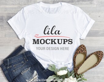 White tshirt Mockup photo / simple white t-Shirt mock up photo / tshirt flatlay Stock Photo / white Bella Canvas 3001 mockup / flatlay