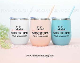 STOCK PHOTO - three 12 oz Wine bev Tumblers Mockup photo / set of 3 Bev wine tumblers photo / matte white blush seafoam / Wine Tumbler Photo