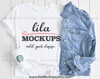 PHOTO - JPG file / White tshirt Mockup photo / simple white t-Shirt mock up image  / white Bella Canvas 3001 tshirt flatlay / starbucks cup