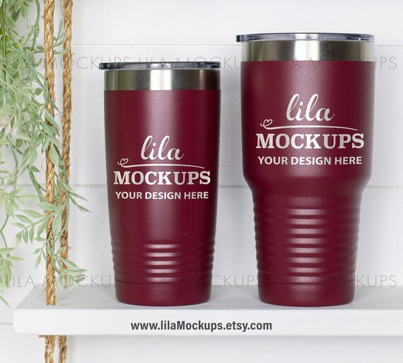 20 oz and 30 oz Maroon Tumbler Mockup Photo / two tumblers mock up photo /  dark red polar camel SureGrip tumbler mock-up / stock photo