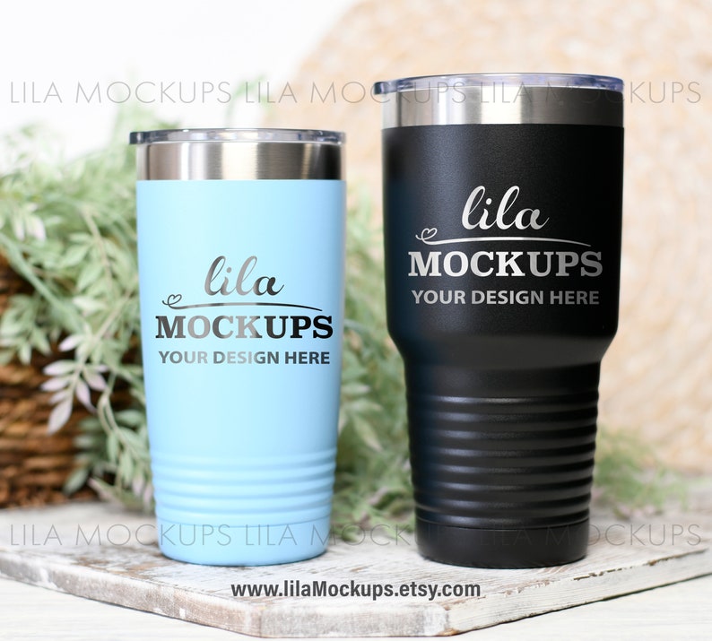 Download Two Tumblers Mockup PHOTO / 20 oz light blue and 30 oz black | Etsy